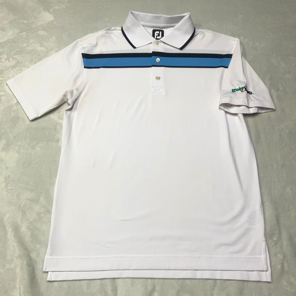 FootJoy FJ Golf Polo Shirt Men M White Black Blue Striped Athletic Performance - Picture 2 of 9